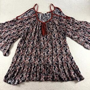 Umgee Blouse Top Womens Large Black Paisley Tie Detail Cold Shoulder Bell Sleeve